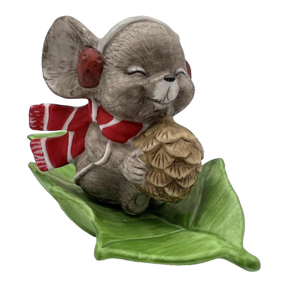 Vtg Roman Christmas Anthropomorphic Mouse w/ Scarf Riding Leaf Pinecone Figurine